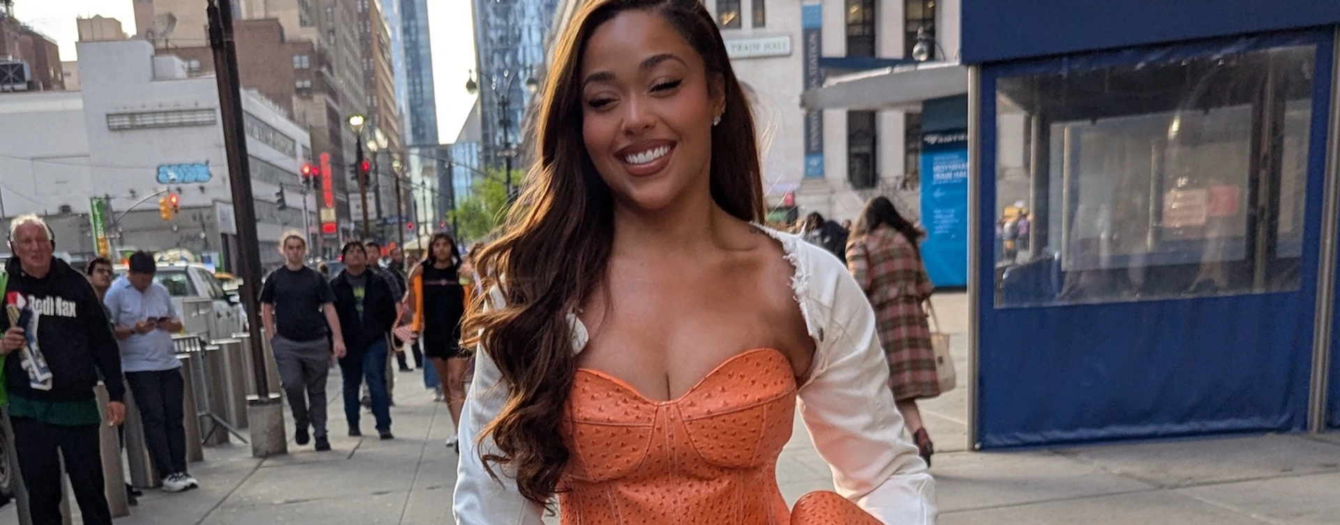 jordyn woods brown dress flexes unreal Knicks custom fit despite Karl-Anthony Towns' bad game sleeve statement SHEIN SXY X Jordyn Woods