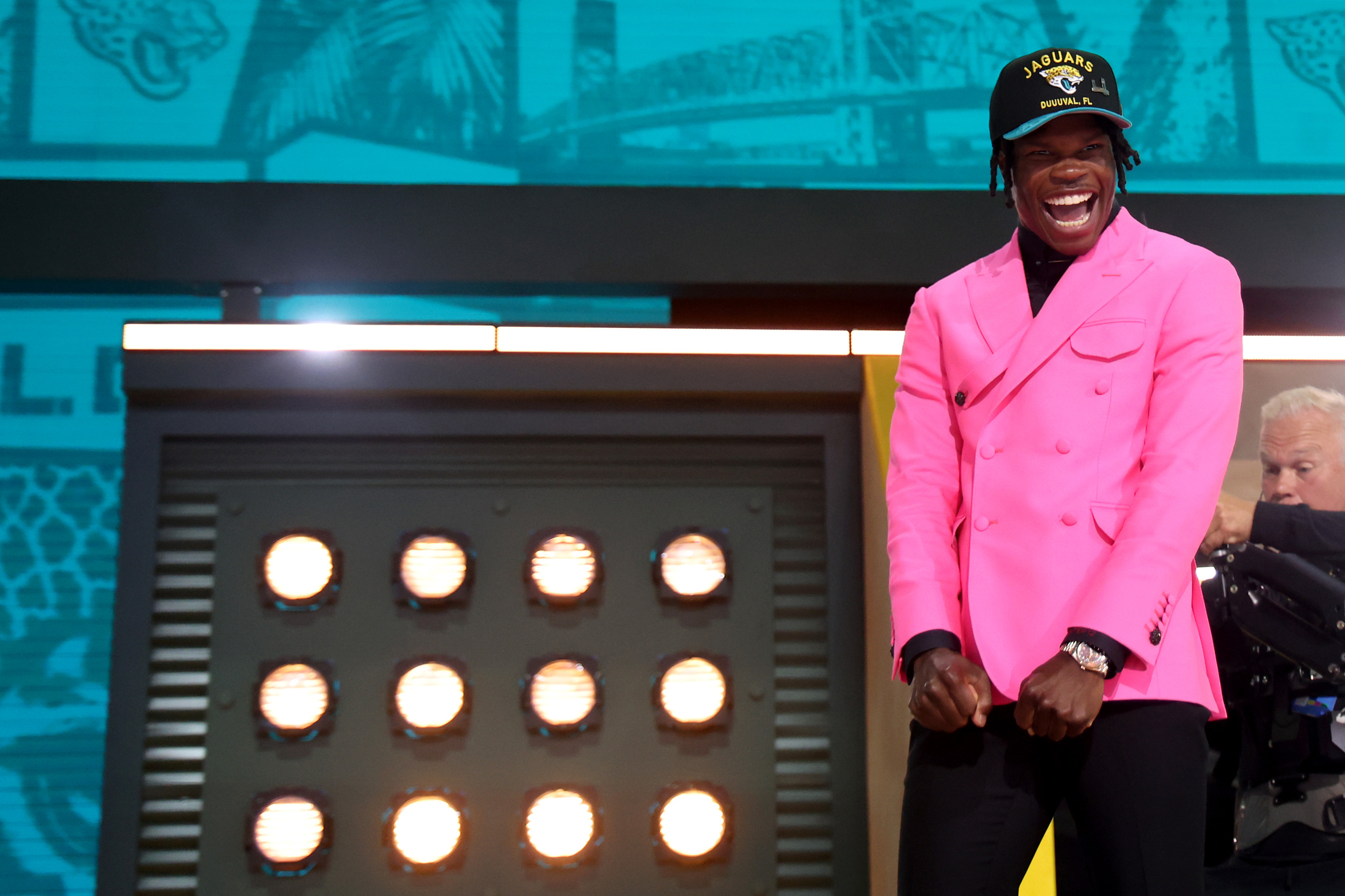 Travis Hunter celebrates at the 2025 NFL Draft