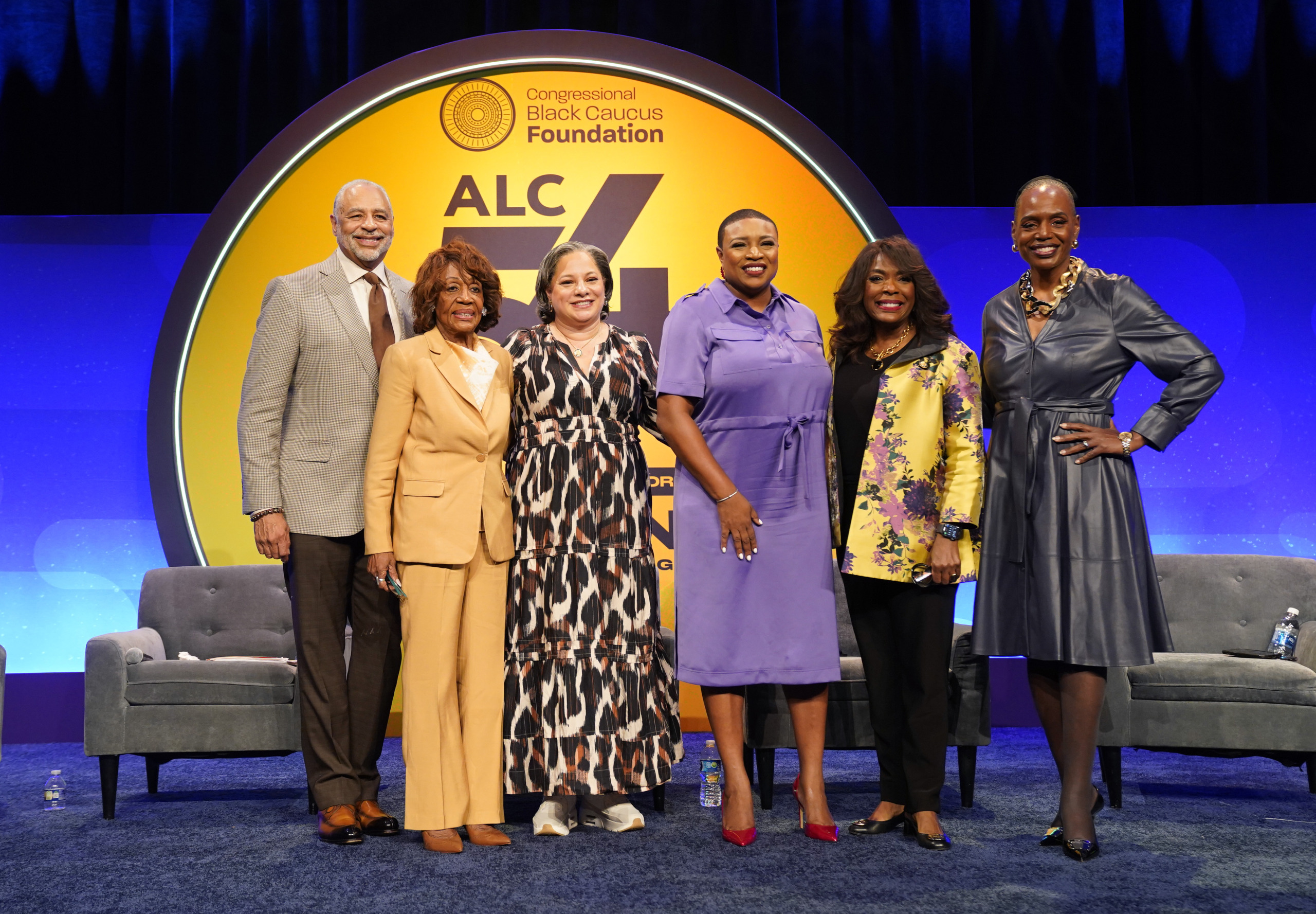 (L-R) Ed Gordon, Maxine Waters, Jennifer McClellan, Rev. Shavon Arline-Bradley, Terri Sewell and President & CEO of the Congressional Black Caucus Foundation, Nicole Austin-Hillery.
